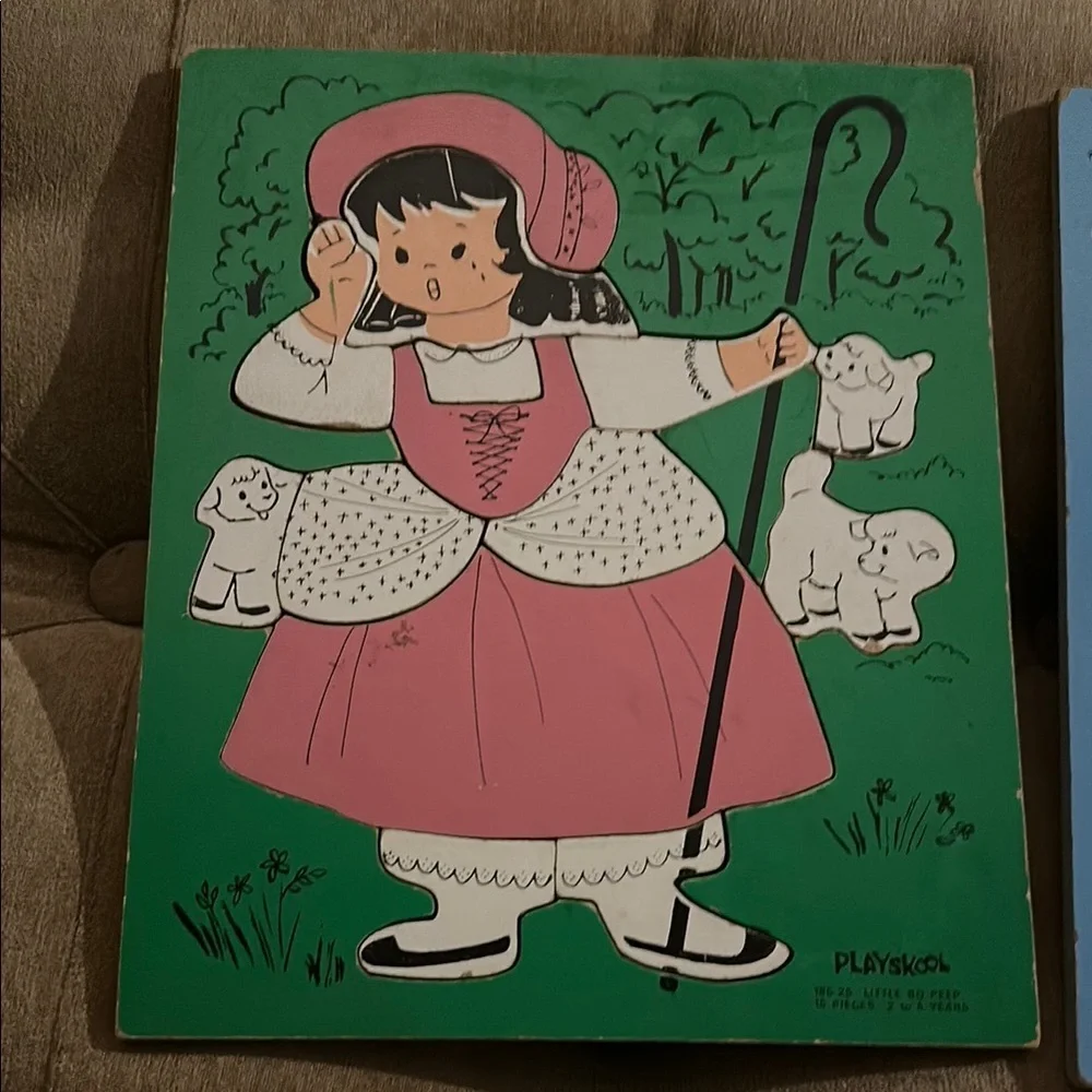 2 Vintage Playskool Little Bo Peep wood Puzzles - Pink and Green and swimmer